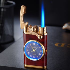 Lighter With Electric Watch Rocker Arm Automatic Ignition Straight Blue Flame Lighter Creative Real Dial Inflatable Windproof Lighter Men's Watch (Color: Mahogany grain)